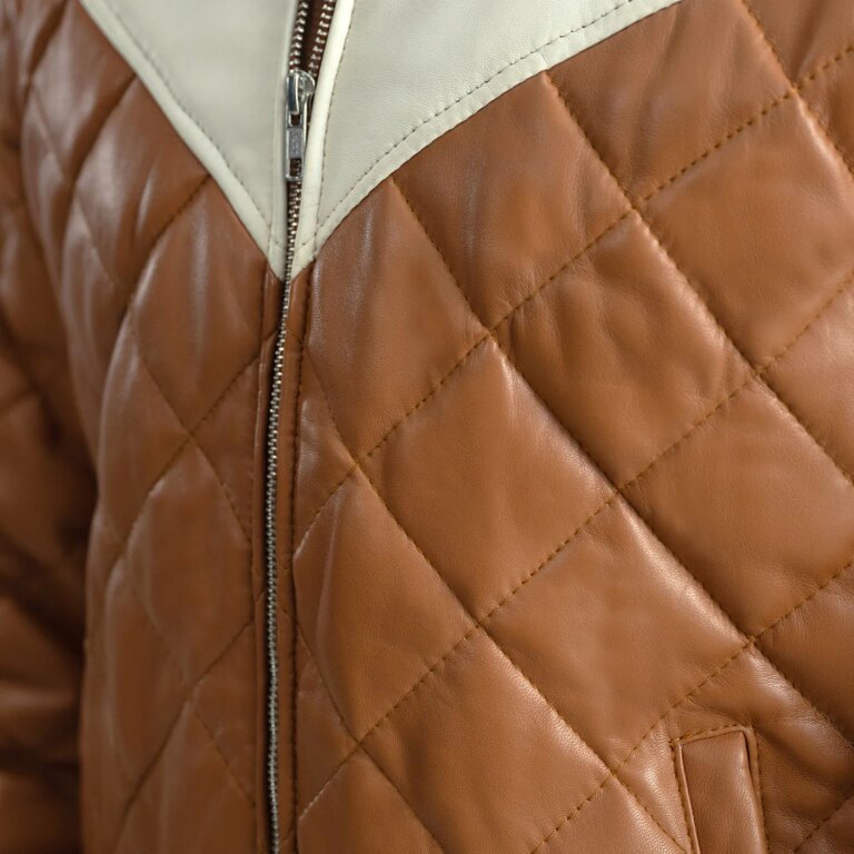 Mens Norman Tan Hooded Bomber Leather Puffer Jacket Closeup-9-1733902245227